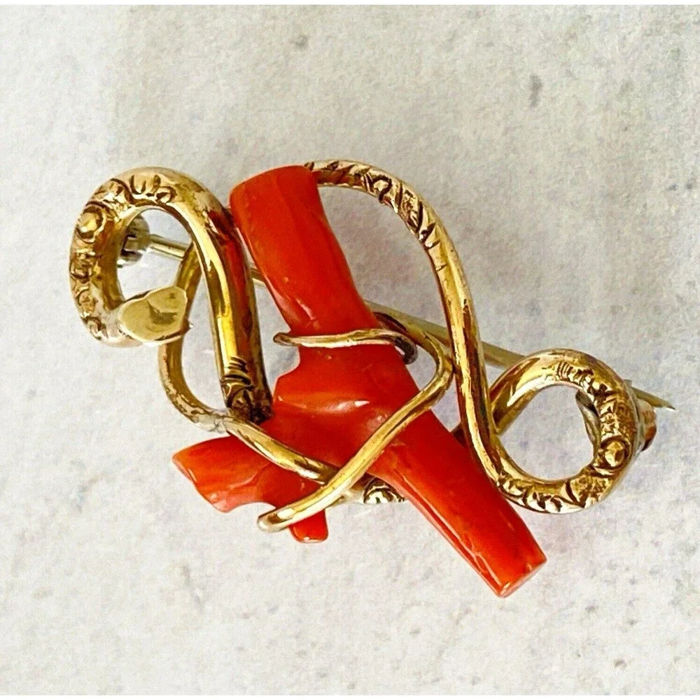 Antique Victorian Coral Branch Brooch In Gold Filled Snake Form Nice 1.5